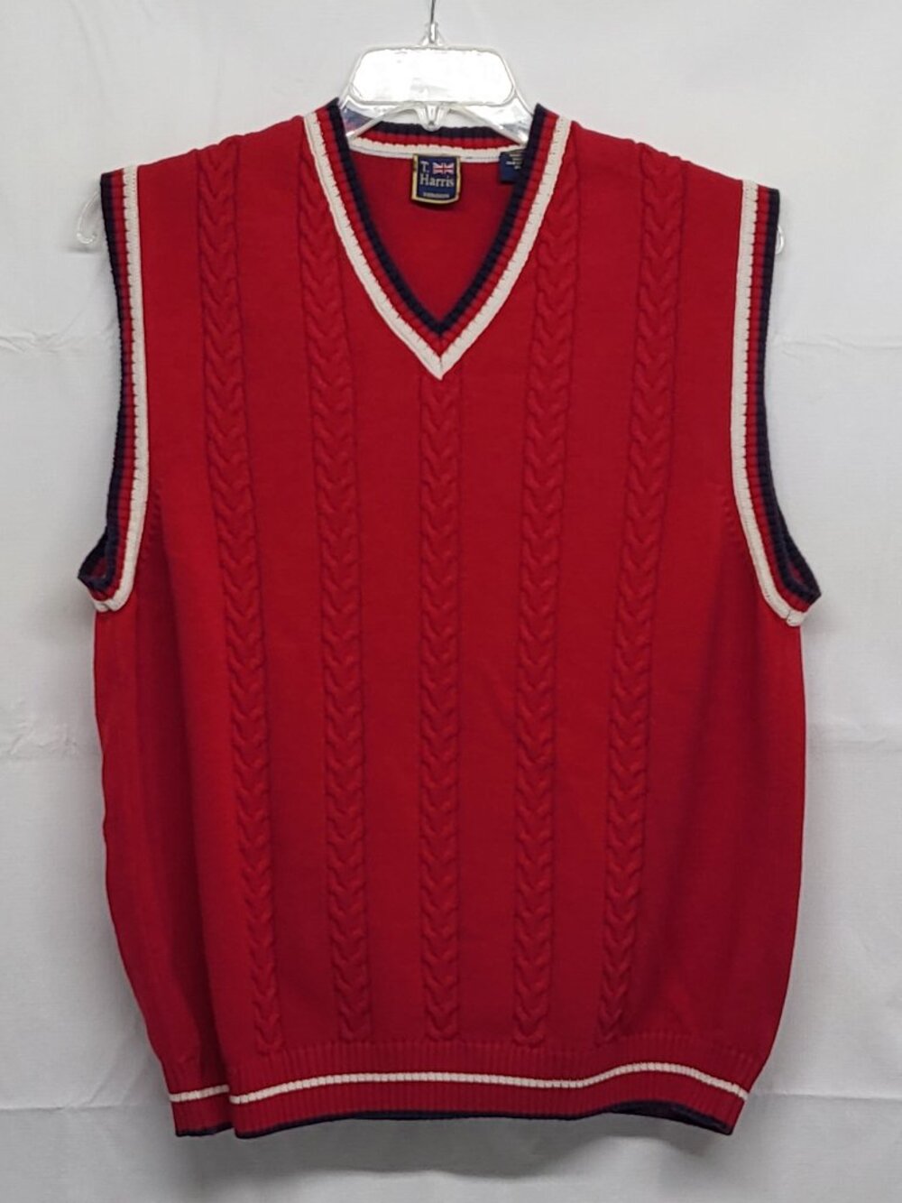 T Harris London Mens Sweater Vest Cable Knit XL Pullover Red Cotton Academia